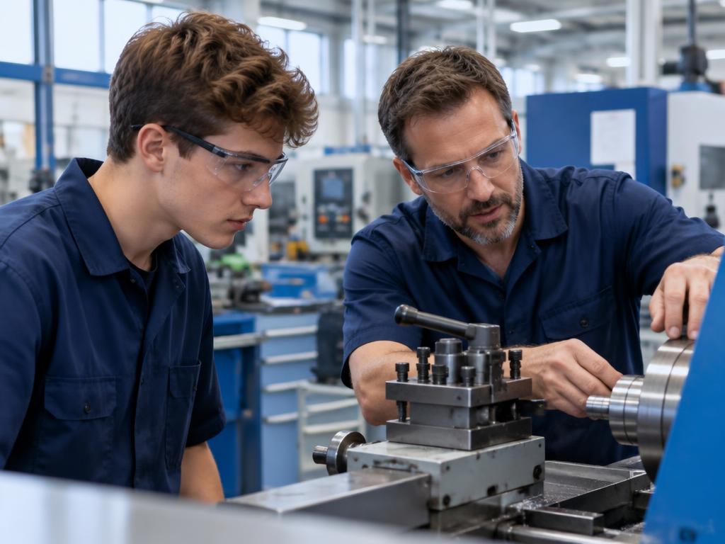 Jovem estagiário com colegas numa oficina industrial