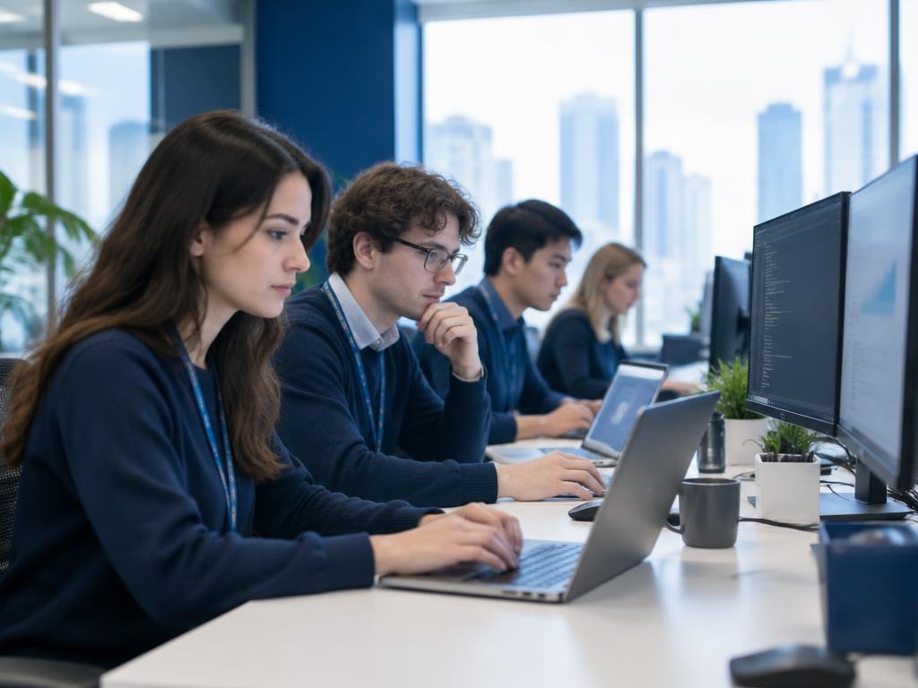 Jovens a trabalhar com computadores num espaço de trabalho