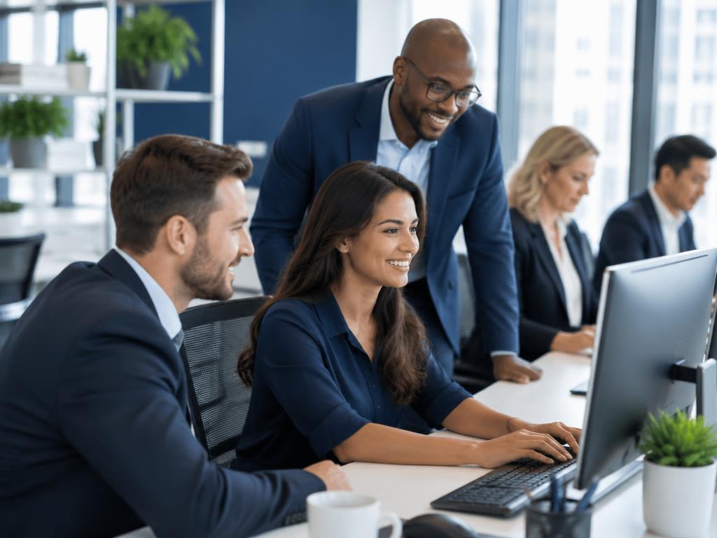 Equipa a trabalhar em postos de trabalho com computadores