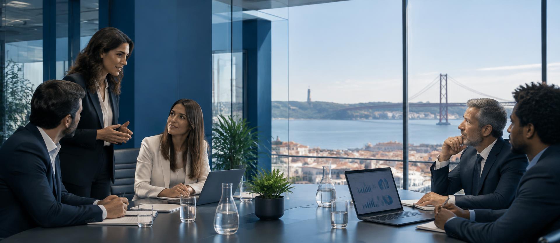 Equipa de empresa em reunião de investimento com vista sobre Lisboa